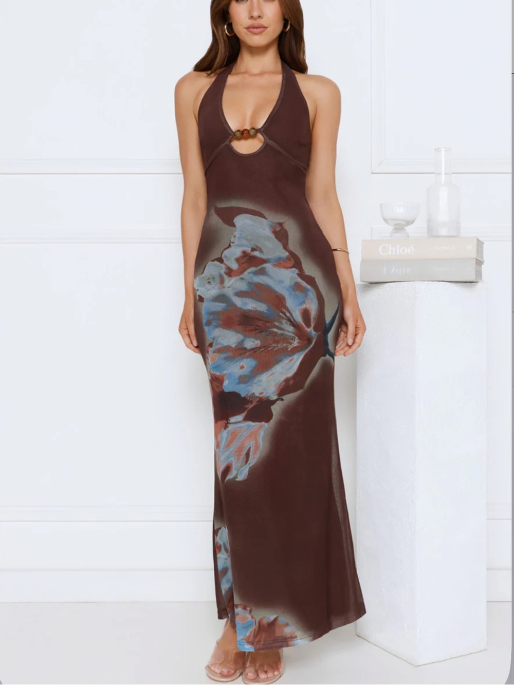 Hello Molly Brown Halter Maxi Dress with Blue Floral Accents